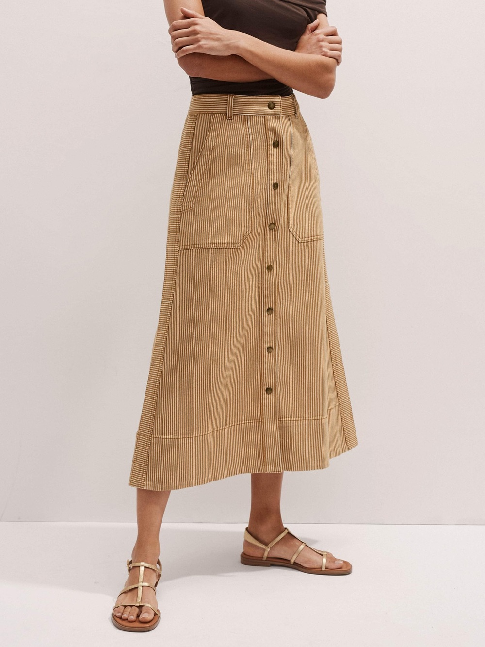 ME+EM Cotton Stripe Maxi Skirt Button-Front Midi Skirt in Toffee/Ecru